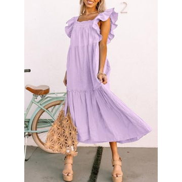 Dokotoo Linen Dress for Women Summer Off Shoulder Cute Ruffle Hemline Sun Dresses for Women 2024 Casual Mini Dresses Vacation Outfits for Women Resort Wear Dresses Purple