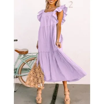 Dokotoo Linen Dress for Women Summer Off Shoulder Cute Ruffle Hemline Sun Dresses for Women 2024 Casual Mini Dresses Vacation Outfits for Women Resort Wear Dresses Purple