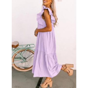 Dokotoo Linen Dress for Women Summer Off Shoulder Cute Ruffle Hemline Sun Dresses for Women 2024 Casual Mini Dresses Vacation Outfits for Women Resort Wear Dresses Purple