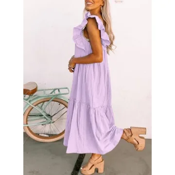 Dokotoo Linen Dress for Women Summer Off Shoulder Cute Ruffle Hemline Sun Dresses for Women 2024 Casual Mini Dresses Vacation Outfits for Women Resort Wear Dresses Purple
