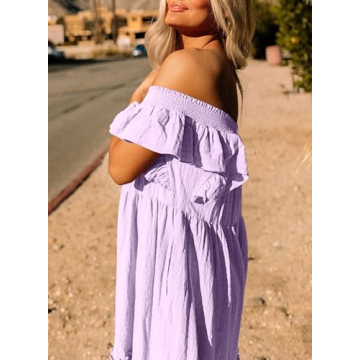Dokotoo Linen Dress for Women Summer Off Shoulder Cute Ruffle Hemline Sun Dresses for Women 2024 Casual Mini Dresses Vacation Outfits for Women Resort Wear Dresses Purple