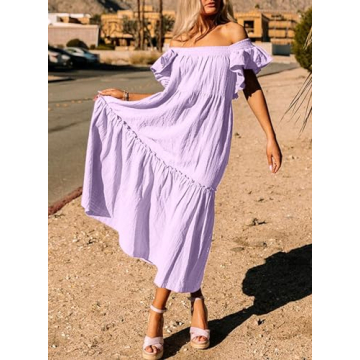 Dokotoo Linen Dress for Women Summer Off Shoulder Cute Ruffle Hemline Sun Dresses for Women 2024 Casual Mini Dresses Vacation Outfits for Women Resort Wear Dresses Purple