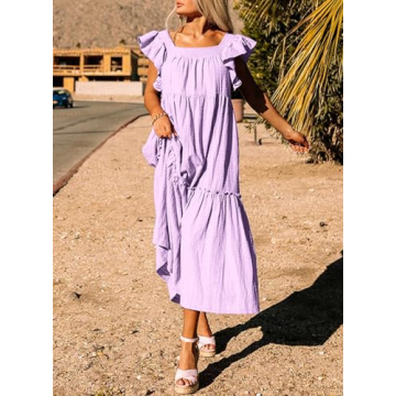 Dokotoo Linen Dress for Women Summer Off Shoulder Cute Ruffle Hemline Sun Dresses for Women 2024 Casual Mini Dresses Vacation Outfits for Women Resort Wear Dresses Purple