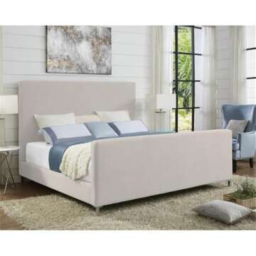 Posh Living Alex Linen Fabric Upholstered Platform King Bed Frame in Beige