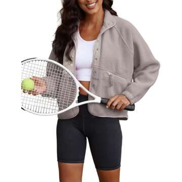 ReachMe Womens Sherpa Jacket Casual Lapel Button Down Cropped Fuzzy Fleece Jackets Long Sleeve Winte...