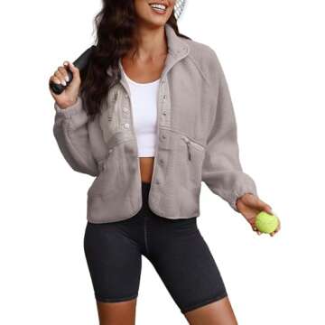 ReachMe Womens Sherpa Jacket Casual Lapel Button Down Cropped Fuzzy Fleece Jackets Long Sleeve Winter Coats with Pockets(4 Light Grey,S)
