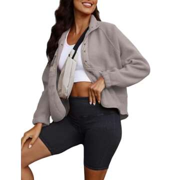 ReachMe Womens Sherpa Jacket Casual Lapel Button Down Cropped Fuzzy Fleece Jackets Long Sleeve Winter Coats with Pockets(4 Light Grey,S)