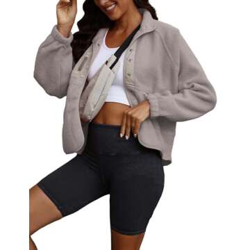 ReachMe Womens Sherpa Jacket Casual Lapel Button Down Cropped Fuzzy Fleece Jackets Long Sleeve Winter Coats with Pockets(4 Light Grey,S)