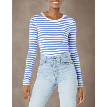 Amazon Essentials Women's Classic-Fit Long-Sleeve Crewneck T-Shirt (Available in Plus Size), Blue White Stripe, Medium