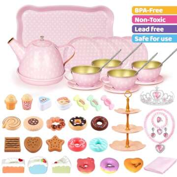 Tea Party Set for Little Girls, 49PCS Princess Tea Time Toys Including Tea Set Dessert Carrying Case, Kids Kitchen Pretend Playset, Tea Set for Girls Birthday Toddler Gifts Age 3-8