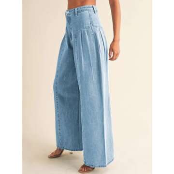 PLNOTME Womens Baggy High Waisted Jeans Loose Boyfriend Wide Leg Side Pleated Denim Pants Blue