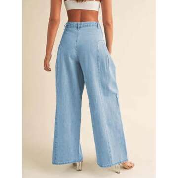 PLNOTME Womens Baggy High Waisted Jeans Loose Boyfriend Wide Leg Side Pleated Denim Pants Blue