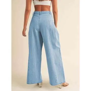 PLNOTME Womens Baggy High Waisted Jeans Loose Boyfriend Wide Leg Side Pleated Denim Pants Blue