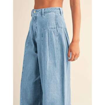 PLNOTME Womens Baggy High Waisted Jeans Loose Boyfriend Wide Leg Side Pleated Denim Pants Blue