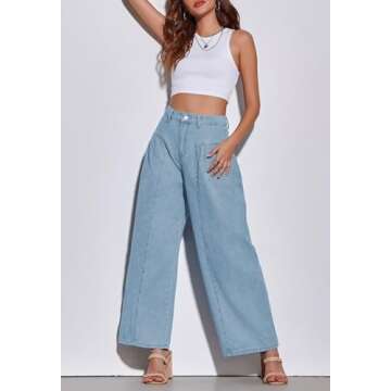 PLNOTME Womens Baggy High Waisted Jeans Loose Boyfriend Wide Leg Side Pleated Denim Pants Blue