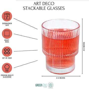 Greenline Goods Ribbed Ripple Art Deco Glassware Set of 4-6.5 oz Origami Style Stackable Fluted Glasses - Unique Vintage Kitchen Cups For Weddings, Cocktails Or Modern Bar Retro Drinking