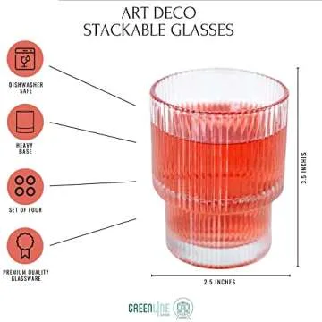 Greenline Goods Ribbed Ripple Art Deco Glassware Set of 4-6.5 oz Origami Style Stackable Fluted Glasses - Unique Vintage Kitchen Cups For Weddings, Cocktails Or Modern Bar Retro Drinking