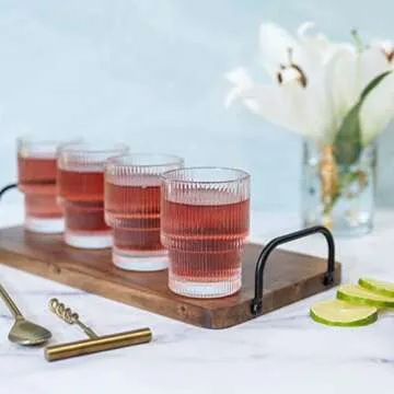 Greenline Goods Ribbed Ripple Art Deco Glassware Set of 4-6.5 oz Origami Style Stackable Fluted Glasses - Unique Vintage Kitchen Cups For Weddings, Cocktails Or Modern Bar Retro Drinking