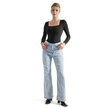 SUUKSESS Women Long Sleeve Bodysuit Sexy Square Neck Thong Body Suit Shirts Top for Fall and Winter ...