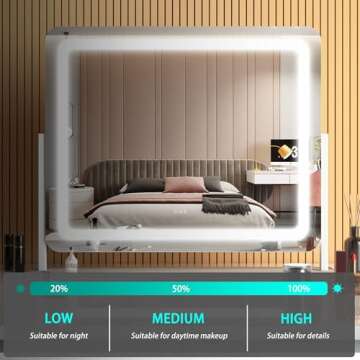 Hasipu Vanity Mirror with Lights, 24.2" x 18.9" LED Make up Mirror, Light up Mirror with 10X Magnification and USB Charging Port, Phone Holder, Smart Touch 3 Colors Dimmable, 360° Rotation (White)