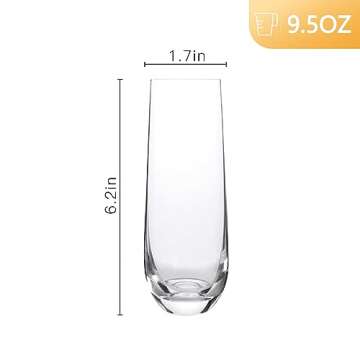 D.M DESIGN·MASTER [6 Pack, 9.5 OZ - Stemless Champagne Flute Glasses, Champagne Glasses. All-Purpose Wine Drinking Glassware.