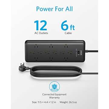 Anker 6ft Power Strip Surge Protector, 12 Outlets with Flat Plug, 1875W Output for Computer,Desktop Accessory, Laptop & Phone,Multiple Charging Station for Home, Office(2×4000 Joules)，UL Listed(black)