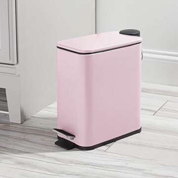 mDesign Slim Metal Rectangle 1.3 Gallon Trash Can with Step Pedal, Easy-Close Lid, Removable Liner - Narrow Wastebasket Garbage Container Bin for Bathroom, Bedroom, Kitchen, Office - Matte Blush Pink
