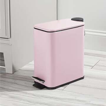mDesign Slim Metal Rectangle 1.3 Gallon Trash Can with Step Pedal, Easy-Close Lid, Removable Liner - Narrow Wastebasket Garbage Container Bin for Bathroom, Bedroom, Kitchen, Office - Matte Blush Pink
