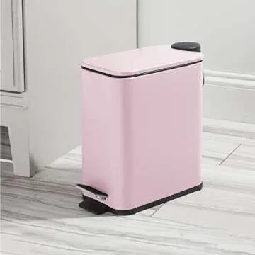 mDesign Slim Metal Rectangle 1.3 Gallon Trash Can with Step Pedal, Easy-Close Lid, Removable Liner - Narrow Wastebasket Garbage Container Bin for Bathroom, Bedroom, Kitchen, Office - Matte Blush Pink
