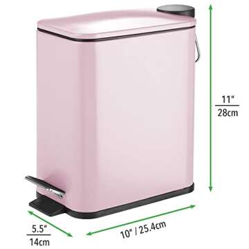 mDesign Slim Metal Rectangle 1.3 Gallon Trash Can with Step Pedal, Easy-Close Lid, Removable Liner - Narrow Wastebasket Garbage Container Bin for Bathroom, Bedroom, Kitchen, Office - Matte Blush Pink