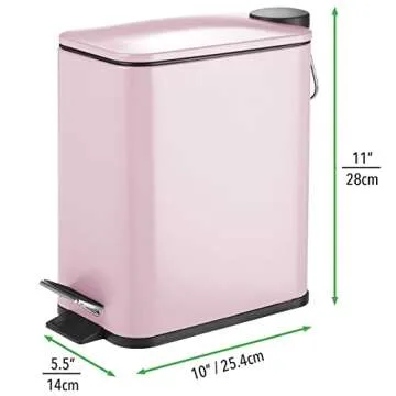mDesign Slim Metal Rectangle 1.3 Gallon Trash Can with Step Pedal, Easy-Close Lid, Removable Liner - Narrow Wastebasket Garbage Container Bin for Bathroom, Bedroom, Kitchen, Office - Matte Blush Pink