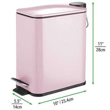 mDesign Slim Metal Rectangle 1.3 Gallon Trash Can with Step Pedal, Easy-Close Lid, Removable Liner - Narrow Wastebasket Garbage Container Bin for Bathroom, Bedroom, Kitchen, Office - Matte Blush Pink
