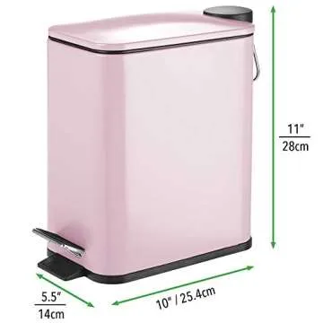 mDesign Slim Metal Rectangle 1.3 Gallon Trash Can with Step Pedal, Easy-Close Lid, Removable Liner - Narrow Wastebasket Garbage Container Bin for Bathroom, Bedroom, Kitchen, Office - Matte Blush Pink