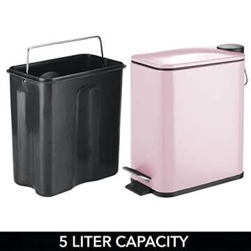 mDesign Slim Metal Rectangle 1.3 Gallon Trash Can with Step Pedal, Easy-Close Lid, Removable Liner - Narrow Wastebasket Garbage Container Bin for Bathroom, Bedroom, Kitchen, Office - Matte Blush Pink