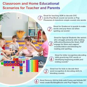 Huge Bubble MultiSensory Uppercase Alphabet POP Fidget Blocks, Classroom Pop Building Blocks。Loud Pop Sounds。Play-to-Learn Reading for Letter Recognition&Phonics &Word-Spell。Gift for Kids age3-8