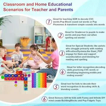 Huge Bubble MultiSensory Uppercase Alphabet POP Fidget Blocks, Classroom Pop Building Blocks。Loud Pop Sounds。Play-to-Learn Reading for Letter Recognition&Phonics &Word-Spell。Gift for Kids age3-8