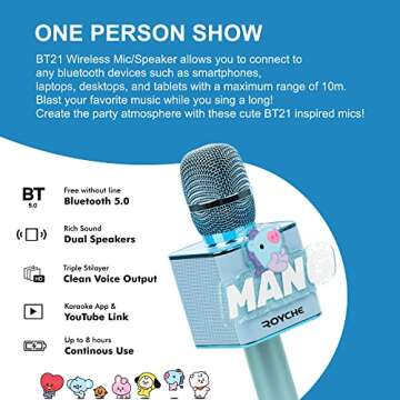 BTS Bluetooth Wireless Mic & Speaker, All Seven BTS Characters in Their Own Cute Colors (KOYA)