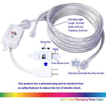 Areful LED Rope Lights, 16.4ft Flat Flexible RGB Strip Light, Color Changing, Waterproof for Indoor Outdoor Use, Connectable Decorative Lighting, 8 Colors and Multiple Modes