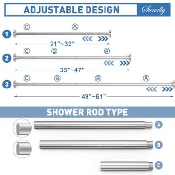 SUNALLY Shower Curtain Rod - Adjustable 32-61 Inch Non-Slip Stainless Steel Telescoping Rod for Home