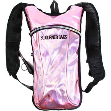 SOJOURNER Hydration Pack Backpack - 2L Water Bladder Included for Festivals, Raves, Hiking, Biking, Climbing, Running and More (Holographic - Pale Pink)