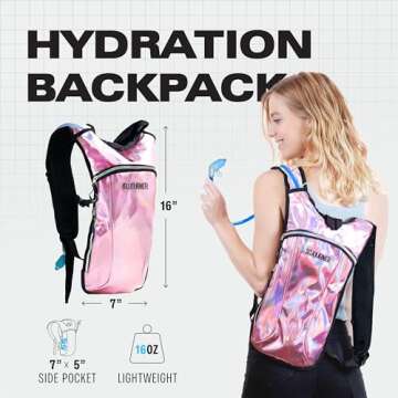 SOJOURNER Hydration Pack Backpack - 2L Water Bladder Included for Festivals, Raves, Hiking, Biking, Climbing, Running and More (Holographic - Pale Pink)