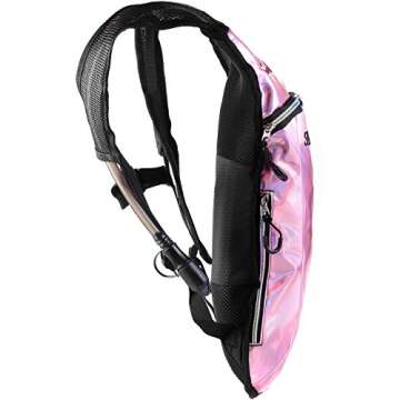 SOJOURNER Hydration Pack Backpack - 2L Water Bladder Included for Festivals, Raves, Hiking, Biking, Climbing, Running and More (Holographic - Pale Pink)