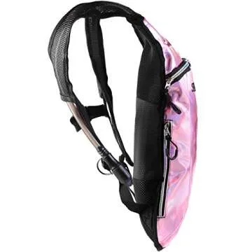 SOJOURNER Hydration Pack Backpack - 2L Water Bladder Included for Festivals, Raves, Hiking, Biking, Climbing, Running and More (Holographic - Pale Pink)
