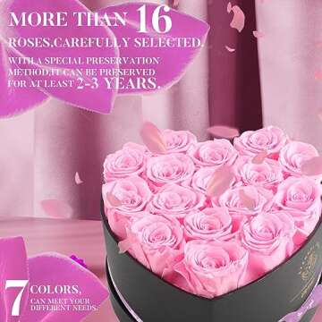 Impouo 16-Piece Forever Flowers Heart Shape Box - Preserved Roses, Birthday Gifts for Women- Valentines, Anniversary, Wedding Gifts- Pink Roses