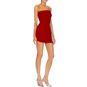 NADIA FRACA Women's Sexy Mesh Strapless Off Shoulder Y2k Bodycon Dress Backless Tube Draped Ruched Mini Dress Red