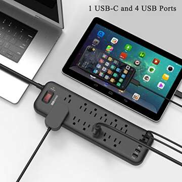 Power Strip, MKSENSE Surge Protector with 12 Outlets & 4 USB Ports & 1 Type-C Port (5V/3A), 3600 Joules, Angled Flat Plug, Spaced Outlets & ETL Listed Power Outlet for Home Office - Black