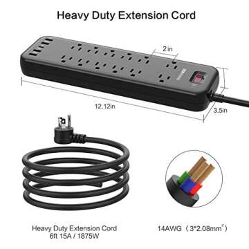 Power Strip, MKSENSE Surge Protector with 12 Outlets & 4 USB Ports & 1 Type-C Port (5V/3A), 3600 Joules, Angled Flat Plug, Spaced Outlets & ETL Listed Power Outlet for Home Office - Black