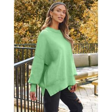 LILLUSORY Women's Oversized Batwing Sweaters 2024 Fall Outfits Crewneck Ribbed Knit Side Slit Trendy Pullover Tops LightGreen S