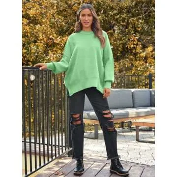 LILLUSORY Women's Oversized Batwing Sweaters 2024 Fall Outfits Crewneck Ribbed Knit Side Slit Trendy Pullover Tops LightGreen S