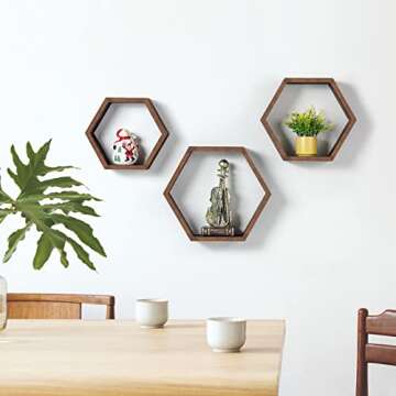CADUKE Hexagon Shelves Floating Honeycomb Shelves Set of 3 Wall Storage Shelf Wood Hexagonal Floatin...